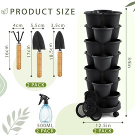 Umigy 2 Set of 7 Tier Vertical Planter Stackable Planters with Removable Wheels and Tools Tower Planters Strawberry Herb Flower Vegetable Planter Indoor Outdoor Gardening Pots (Black)