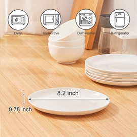 AntoKueh White Ceramic Plates Set of 6, 8.2 Inch Round Porcelain Salad Plate, 6-piece dishes with shallow Edge for Appetizer, Steak, Dishwasher/Microwave safe