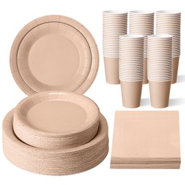 Tioncy 200 Pcs Disposable Paper Plates Cups and Napkins Party Supplies Serve 50 Guests Disposable Paper Dinnerware Set for Graduation Birthday Wedding Baby Shower Family Picnic(Deep Nude)