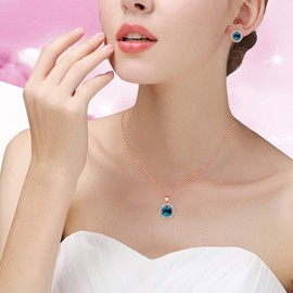 Uloveido Y453 - Juego de collar y pendientes de tuerca para mujer, chapado en oro rosa, diseño de cubo cuadrado de cristal y pendientes de tuerca, para bodas y fiestas de boda azul