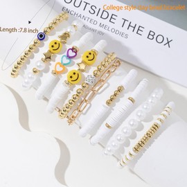 meosked 10pcs Heishi Surfer Clay Bead Friendship Bracelets，Colorful Stackable Preppy Bracelets for Women, One Size, Acrylic Vinyl, no gemstone