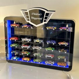 DoubleFill 1/64 Scale Diecast Car Display Case with Light Clear Acrylic Wall Mount Rack for Model Cars Wheels Display Storage, 30 Compartments