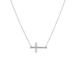 JewelryWeb 925 Sterling Silver Rhodium Plated Side ways Adjustable 0.01 Dwt Diamond Religious Faith Cross Necklace 18 Inch Pendant-Necklace for Women