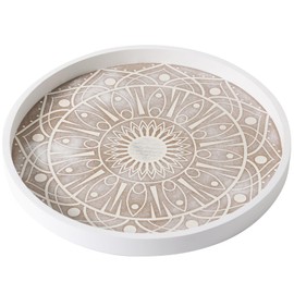 LINKOVE 12" Boho Decorative Tray for Home Decor,Round Wood Coffee Table Tray Decor,White Washed Ottoman Tray for Living Room,Small Wooden Carved Circle Serving Tray Centerpiece Décor