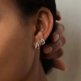 Inateannal Silver Hoop Huggie Earrings CZ Small Split Hoop Earrings Double Circle Huggie Studs Minimalist Open Circle Earring Jewelry for Women