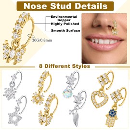Landical 8 Pcs Dangly Nose Ring with Charm Butterfly Star Heart Hoop Dangle Nose Rings for Women(Gold and Silver,Style 1)