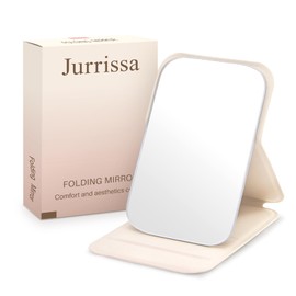 Jurrissa Compact Folding Mirror, 3.9" Small Portable Makeup Mirror for Pocket Purse, Mini Travel Size Foldable Mirror with Stand for Tabletop, Handheld Mirrors for Women Girls (Beige)