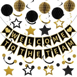 Roetyce Welcome To The Team Party Decorations Women Men, Black Gold Welcome To The Team Banner Honeycomb Balls Hanging Swirls, Join the Team Office Party Supplies for New Employee Coworker Team Member