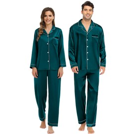 SWOMOG Couple Matching Pajamas Set Silk Satin Button Down Sleepwear Long Sleeve Nightwear 2 Pcs Pj Set Men Green Small