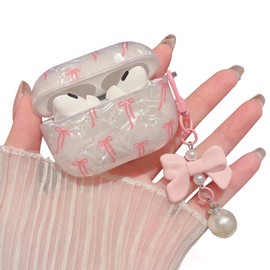 MINSCOSE for Cute Glitter AirPods Pro 2nd/1st Generation Case,Shell Trendy Pattern Bow Ribbon Design with Bowknot Pearl Keychain,Protective Shockproof Cover for AirPods Pro/Pro 2-Pink
