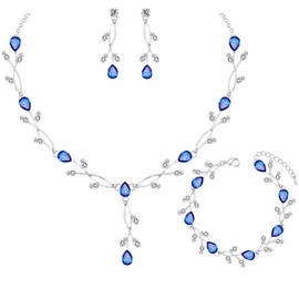 Elegant Bridal Jewelry Sets Clear Cubic Zirconia Wedding Necklace Earrings Bracelet Set for Birdes Bridesmaids CZ Prom Jewelry (Royal Blue-Necklace Earrings Bracelet)