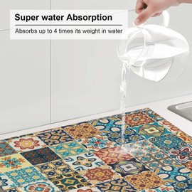 Traditional Multicolor Ornate Dish Drying Mat, Highly Absorbent Microfiber Kitchen Counter Pad Reusable Washable, 16*18"