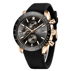 BY BENYAR Men's Business Analogue Chronograph Quartz Watch 30M Waterproof Luminous Date Display Fashionable Casual Watch Sport Multifunction Leather Watch, Rubber Gold Black, Classic