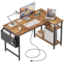 Mericonia Small L Shaped Computer Desk with Power Outlets, Gaming Desk for Small Spaces, Corner Desk with Reversible Storage Shelves, Study Writing Table for Home Office(Socket, Rustic Brown, 40 inch)