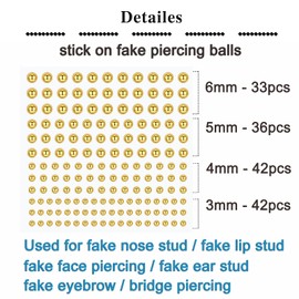 MODRSA Fake Piercings Gold Fake Eyebrow Piercing Fake Nose Stud Fake Face Piercing Fake Labret Stud Stick on Fake Eyebrow Ring Fake Piercing Balls Sticky Fake Bridge Piercing 3mm 4mm 5mm 6mm