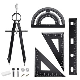Inkurie 8 Pcs Geometry Set, Aluminum Alloy Metal Drafting Ruler Set Black Math Compass Kit Including Rulers, Protractor, Compass, Lead Refill and Eraser for Drawing and Measuring
