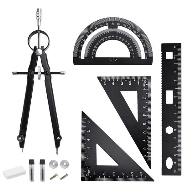 Inkurie 8 Pcs Geometry Set, Aluminum Alloy Metal Drafting Ruler