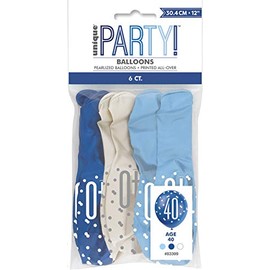 Vibrant 40th Glitz Latex Balloons in Light Blue, Royal Blue, & White (30cm) - Perfect for Parties, Celebrations & Events - 6ct