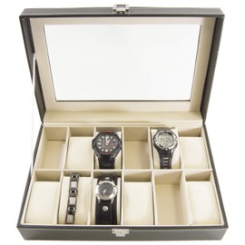 SciencePurchase Watch Box Large 12 Mens Black Leather Display Glass Top Jewelry Case Organizer