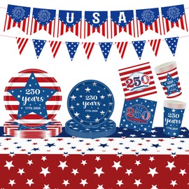 FLUUZE 250th Anniversary USA Merchandise, 4th of July Decorations, Patriotic Party Supplies for Independence Day, Tablecloth, Plates, Napkins, Cups, Banner for 4th of July, 24 Guests