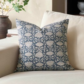 DOMVITUS Floral Pillow Covers 20x20 Decorative Throw Pillow Covers Floral Block Print Farmhouse Vintage Pillow Cover for Living Room Couch Bed Dusty Blue 1PC
