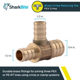 SharkBite 3/4 Inch x 1/2 Inch x 1/2 Inch Crimp Reducing Tee, Brass Plumbing