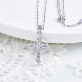 Silver Cross Necklace for Women White Gold CZ Easter Necklace Cubic Zirconia Diamond Pendant Necklaces Sparkling Dainty Moissanites Jewelry Easter Gifts for Daughter Birthday ,16+3inches Necklace Chain