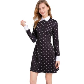 AXUIOKRY Womens Morticia Addams Family Costume Dress White Peter Pan Collar Fit Aline Cute Black Skater Dress AX01-4-L