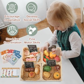 JugueteLand Food Groups,36PCS Wooden Food for Play Kitchen Pretend Realistic Play Food Play Kitchen Accessories,Play Fake Food and 4 Crates for 1 2 3 4 5 Year Old Boys Girls Birthday