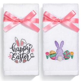 NEWLIGHTURE Easter Hand Towels 100% Cotton Embroidered Happy Easter Bunny Decorative Bathroom Kitchen Dish Towels Set Gift Set of 2 14x29 inch