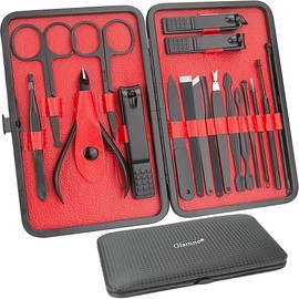 Glamne Juego de manicura y pedicura, cortaúñas, profesional, de acero inoxidable, con estuche de viaje de cuero, 18 en 1, color negro