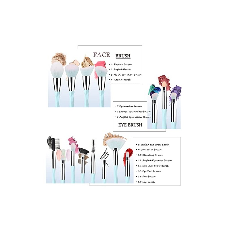 Juego de brochas de maquillaje de 15 piezas con 3