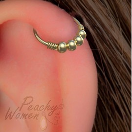 Delicate Helix Ring With Beads 24 Gauge - Thin Cartilage Earring Beaded Hoop For Women 14k Gold Filled (3 Beads)