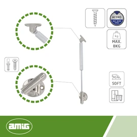 Amig - Gas Strut for Lift-Up Cabinet Doors | Model 98 | Load Capacity: 8 kg | Adjustable Damper for Smooth Upward Opening | Silver