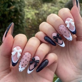 MISUD Almond Press on Nails Medium Fake Nails Glossy Glue on Nails Black White Acrylic Nail Supplies Stiletto Artificial Nail Art Wave Point Bow False Nails with Design DIY 24 pcs