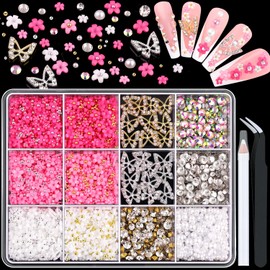 3D Nail Charms and Gems Set 1, 20PCS Gold and Silver Chunky Butterfly Nail Charms with Rhinestones, 3D Flowers for Nails, Flatback Crystals and Pearls + Diamonds + Picker Tool for Y2K Nail Decoration