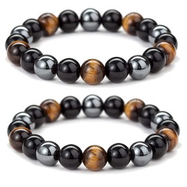 2Pcs Tiger Eye Bead Bracelet for Men Hematite Obsidian Magnetic Anklet Bracelet for Women,Triple Protection Bracelet Adjustable Elastic Beaded Bracelet