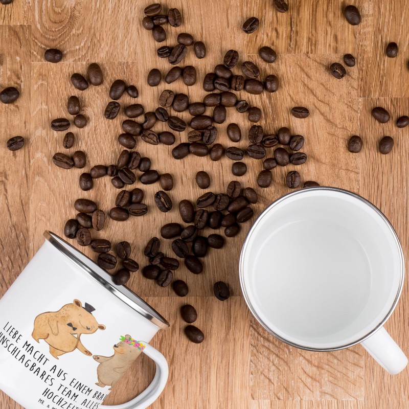 Mr. & Mrs. Panda Camping Emaille Tasse Unschlagbares Brautpaar -