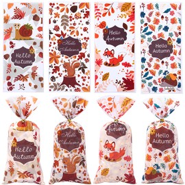 HOXIEYA Autumn Maple Leaf Transparent Gift Bags Fall Cellophane Treat Bags Green Ornage Maple Leaf Pumpkin 4 Designs Goodies Bags for Treat With Twist Ties (02-Thanksgiving turkey)