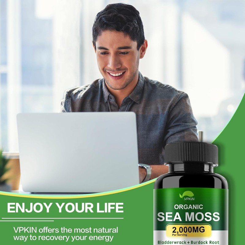 Organic Sea Moss Capsules with BladderwrackBurdock Root and Black Pepper