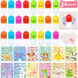 Valentines Day Gifts for Kids Classroom, 24 Pack Valentines Day Set with Capsule Ballpoint Pens, Cards, Valentine Treat Bags for Kids Valentines Day Classroom Gift Exchange, Valentine Party Favors