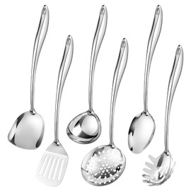 304 Stainless Steel Cooking Utensils Set,6 Pcs Long Metal Kitchen Utensils Set with Spatula, Solid Spoon, Ladle, Skimmer, Spaghetti Spoon,Dishwasher Safe