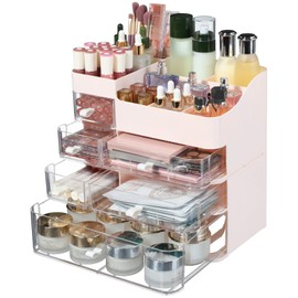 Cq acrylic Makeup Organizer with 6 Drawers -Plastic Skincare and Cosmetic Storage for Vanity Countertop,Dresser Top Organizer for Lotions,Beauty Products,Bathroom Countertop Organizers Pink