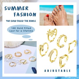Adramata 6 Pieces 14K Gold Filled Toe Rings for Women Flower Heart Open Toe Rings Thumb Rings Adjustable Ring Gold Toe Rings Set Summer Beach Foot Jewelry, Copper, 14 carat gold filled