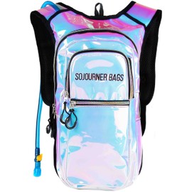 SOJOURNER Rave Hydration Pack Backpack - 2L Water Bladder Included for Festivals, Raves, Hiking, Biking, Climbing, Running and More (Holographic - Blue)