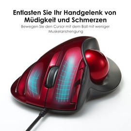 SANWA Wired Ergonomic Trackball Mouse, Programmable Roller Ball Mice, Tilt Scroll, 400/800/1200/1600 DPI, Computer trackball & Finger Rest, Compatible with Mac, Windows, Laptop, Chrome OS, Red