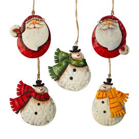 Crafjie 5 Pack Rustic Metal Double-Sided Christmas Tree Ornaments Tin Santa Snowman Decorations Hanging Pendants Ornaments Christmas Hanging Ornament Xmas Holiday Decor