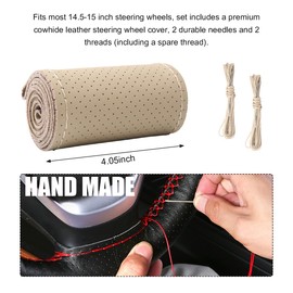 Gasedin Genuine Leather Steering Wheel Cover, Stitch On Wrap for Steering Wheel up to Diameter 15 Inches, DIY Sewing Steering Wheel Protector, Car Accessories (Beige, with Pore)