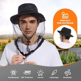 Mosquito Sun Net Hat Cap - Foldable Bug Hat UPF 50+ Sun Protection with Hidden Netting for Summer Beekeeping Hiking Men Women, Black