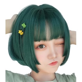 Wig, Bob, Short, Princess Cut, Green, Full Wig, Wig, Princess Hair, Women's, Straight, Natural, Small Face, Harajuku Style, Patty Bangs, Everyday, Heat Resistant